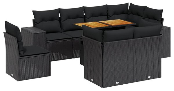 9 részes fekete polyrattan kerti ülőgarnitúra párnákkal