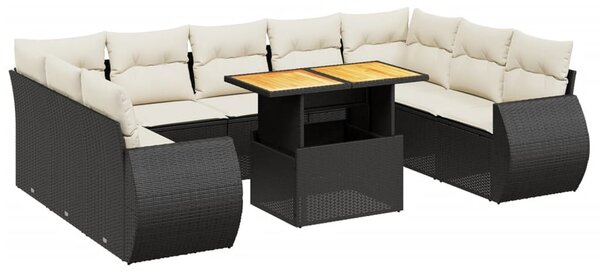 10 részes fekete polyrattan kerti ülőgarnitúra párnákkal