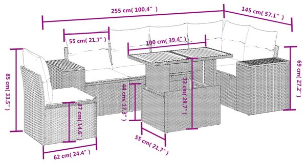 7 részes fekete polyrattan kerti ülőgarnitúra párnával