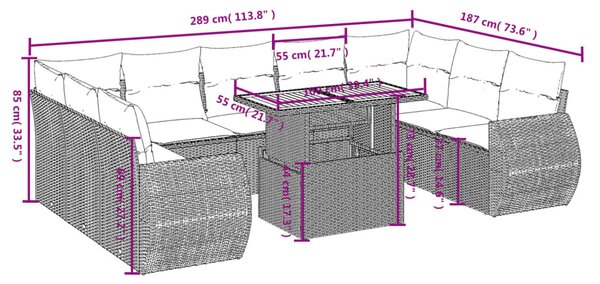 10 részes fekete polyrattan kerti ülőgarnitúra párnákkal