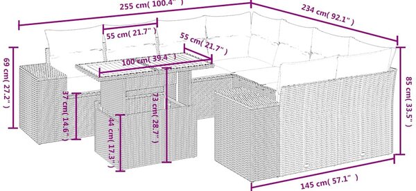9 részes fekete polyrattan kerti ülőgarnitúra párnákkal