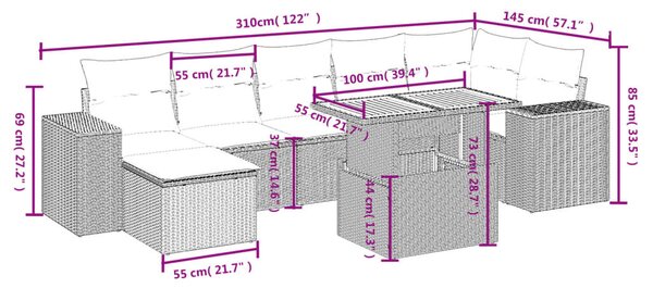 8 részes fekete polyrattan kerti ülőgarnitúra párnákkal