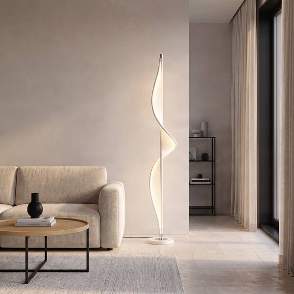Lucande LED állólámpa Edano, 154 cm, fehér, textil, fényerőszabályzóval,, dimmelhető, Fehér / opál, Nappali / Étkező, Textil / szövet / selyem, Modern