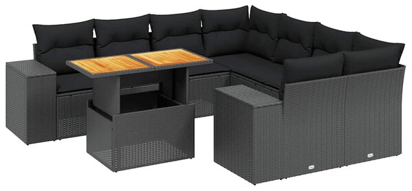9 részes fekete polyrattan kerti ülőgarnitúra párnákkal