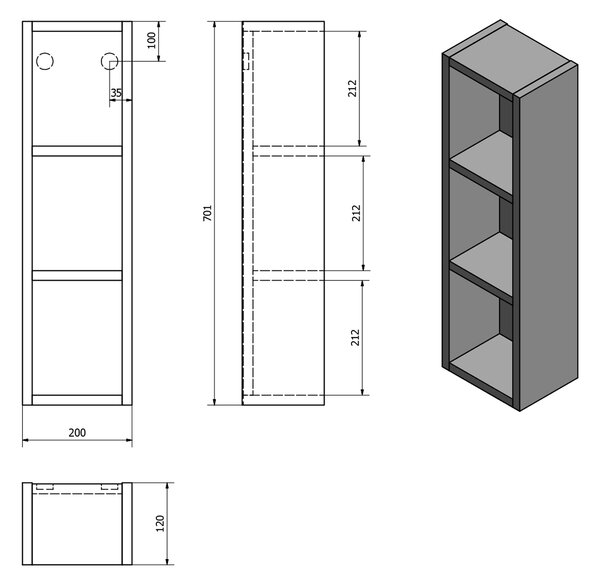 Aqualine Aqualine, ZOJA felső tükörszekrény, 20x70x12cm, bal, fehér, 45463