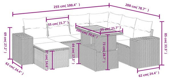 8 részes fekete polyrattan kerti ülőgarnitúra párnákkal