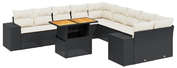11 részes fekete polyrattan kerti ülőgarnitúra párnákkal