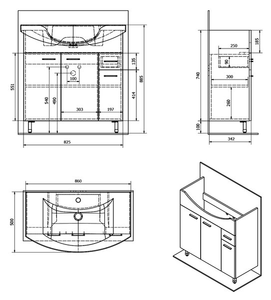 Aqualine Aqualine, ZOJA mosdószekrény 82,8x74x34,3cm, fehér, 51083A