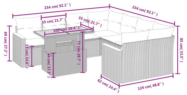 9 részes bézs polyrattan kerti ülőgarnitúra párnákkal