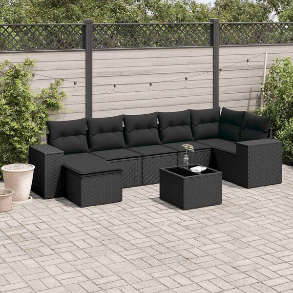 8 részes fekete polyrattan kerti ülőgarnitúra párnákkal