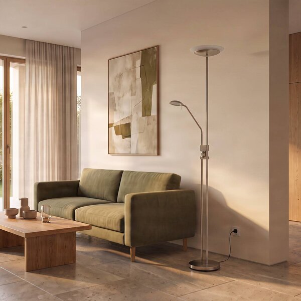 Lindby Jonne LED álló lámpa, kerek, olvasókaros, dimmelhető, 180 cm, dimmelhető, Alu / szürke / cink, Nappali / Étkező, fém, Modern