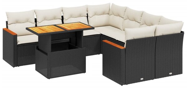 9 részes fekete polyrattan kerti ülőgarnitúra párnákkal