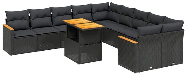 11 részes fekete polyrattan kerti ülőgarnitúra párnákkal