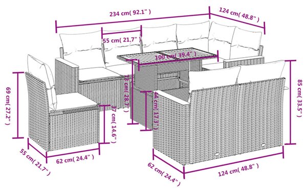 9 részes fekete polyrattan kerti ülőgarnitúra párnákkal