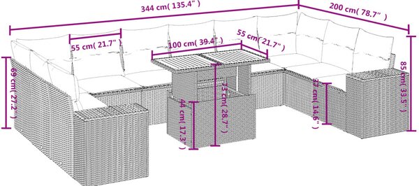 11 részes fekete polyrattan kerti ülőgarnitúra párnákkal