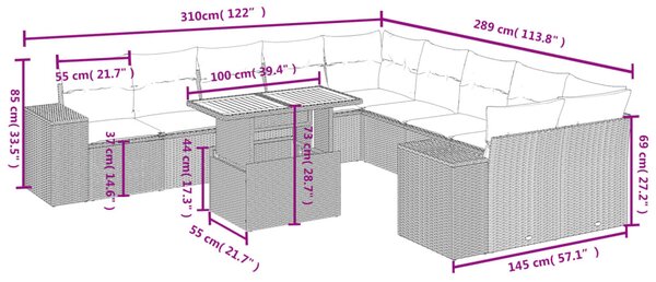 11 részes bézs polyrattan kerti ülőgarnitúra párnákkal