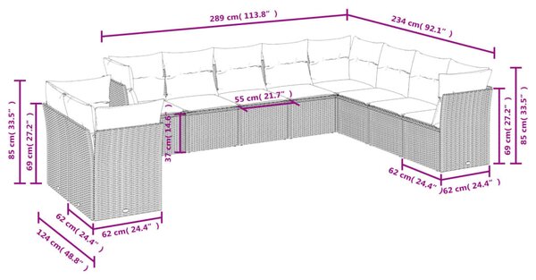 10 részes fekete polyrattan kerti ülőgarnitúra párnákkal