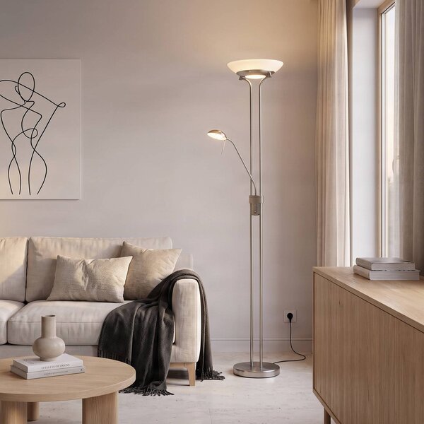 Lindby Yveta LED álló lámpa, nikkel színű, olvasólámpa, dimmelhető, dimmelhető, Alu / szürke / cink, Nappali / Étkező, fém, Modern