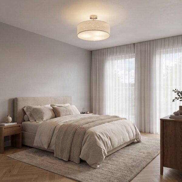 Lindby mennyezeti lámpa Umma, távolság, fehér, szövet, Ø 50 cm, E27, dimmelhető, Fehér / opál, Nappali / Étkező, Textil / szövet / selyem, Modern