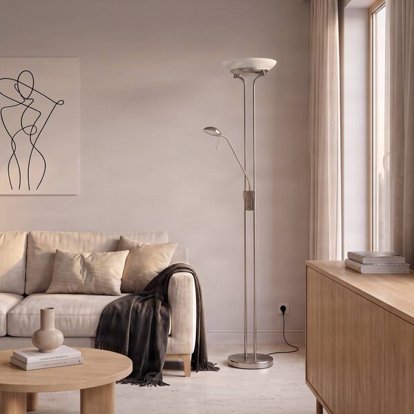 Lindby Yveta LED álló lámpa, nikkel színű, olvasólámpa, dimmelhető, dimmelhető, Alu / szürke / cink, Nappali / Étkező, fém, Modern