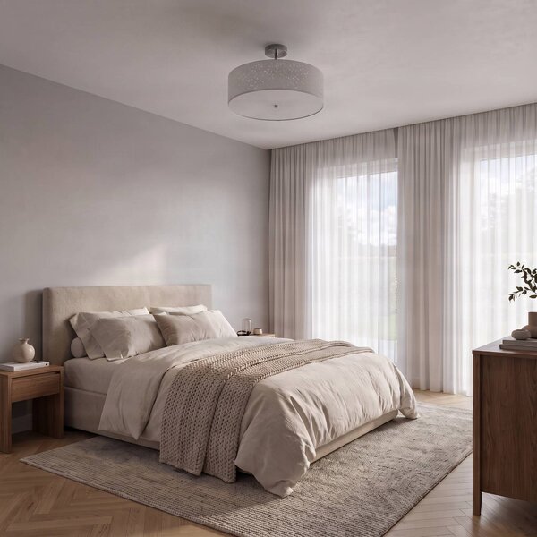 Lindby mennyezeti lámpa Umma, távolság, fehér, szövet, Ø 50 cm, E27, dimmelhető, Fehér / opál, Nappali / Étkező, Textil / szövet / selyem, Modern