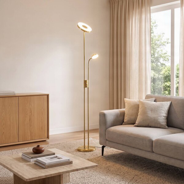 Lindby Seppa LED álló világítás, kerek, sárgaréz, fém, 180 cm, dimmelhető, Sárgaréz / arany, Nappali / Étkező, fém, Modern