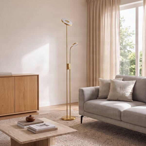 Lindby Seppa LED álló világítás, kerek, sárgaréz, fém, 180 cm, dimmelhető, Sárgaréz / arany, Nappali / Étkező, fém, Modern