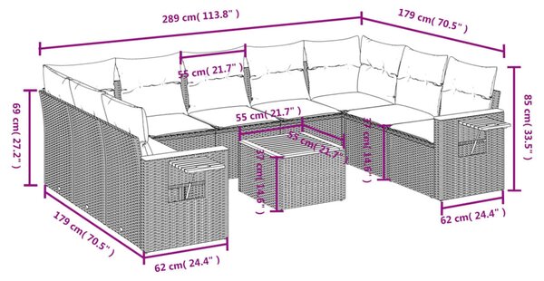 10 részes szürke polyrattan kerti ülőgarnitúra párnákkal