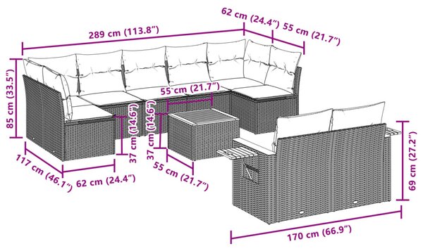 10 részes bézs polyrattan kerti ülőgarnitúra párnával