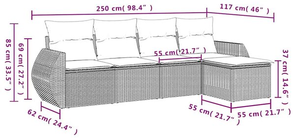 5 részes fekete polyrattan kerti kanapészett párnákkal