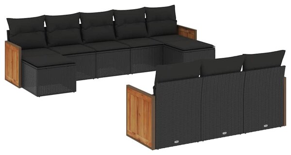 10 részes fekete polyrattan kerti ülőgarnitúra párnákkal