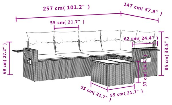 6 részes fekete polyrattan kerti ülőgarnitúra párnákkal