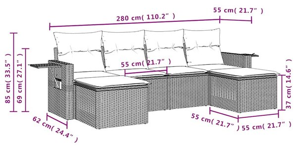 6 részes fekete polyrattan kerti ülőgarnitúra párnákkal