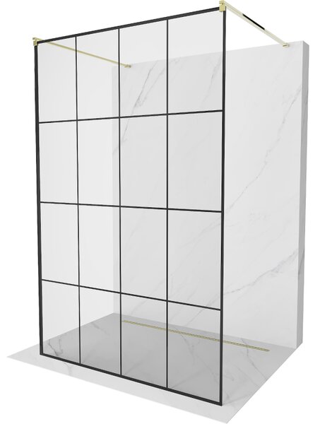 Mexen Kioto, átmenő zuhanyparaván 130 x 200 cm, 8mm átlátszó üveg / fekete mintás, 2x arany stabilizáló távtartó, 800-130-002-50-77