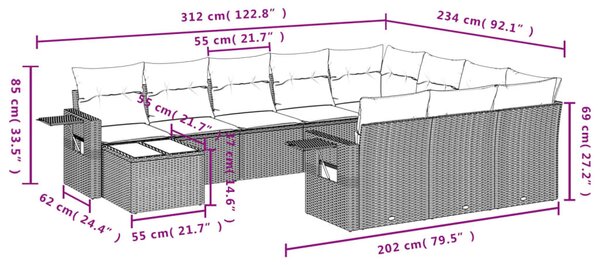 11 részes fekete polyrattan kerti ülőgarnitúra párnákkal