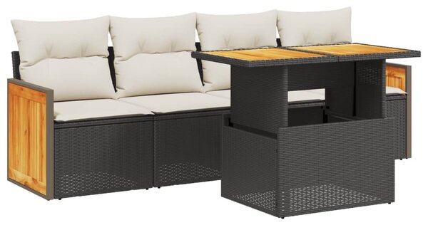 5 részes fekete polyrattan kerti kanapészett párnákkal
