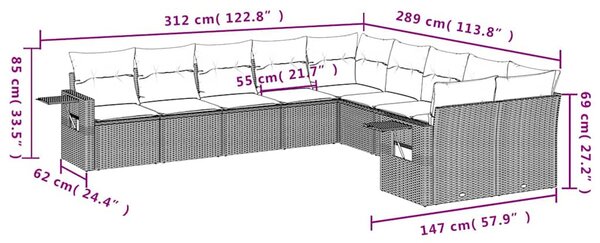 10 részes fekete polyrattan kerti ülőgarnitúra párnákkal