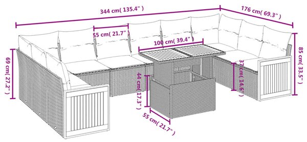 11 részes fekete polyrattan kerti ülőgarnitúra párnákkal