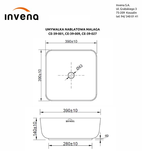 Invena Malaga, kerámia munkalap mosogató 39x39x14 cm, arany fényes-fekete matt, INV-CE-39-027-C