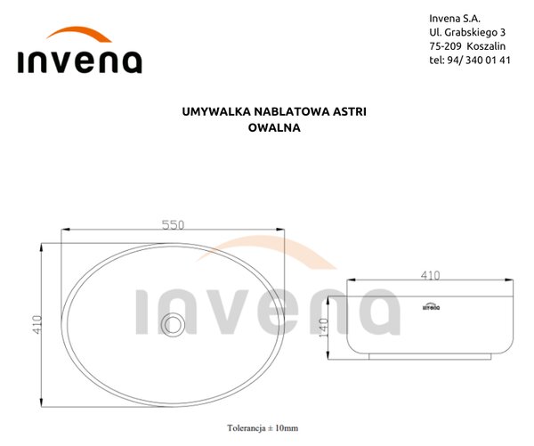 Invena Astri, kerámia munkalap mosogató 55x41x14 cm, fehér fényes, INV-CE-30-001-W