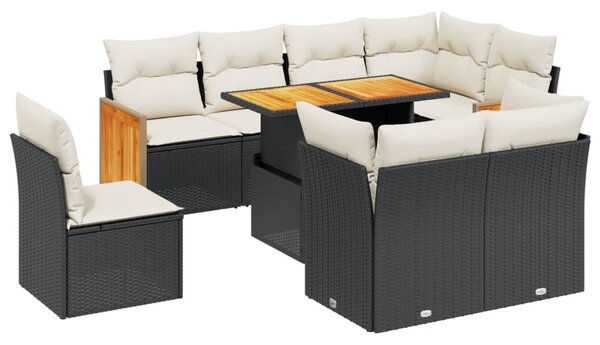 9 részes fekete polyrattan kerti ülőgarnitúra párnákkal
