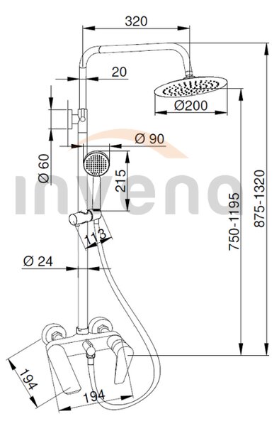Invena Dokos, fali kádcsaptelep zuhanygarnitúrával esőfejes zuhanyzóval O20 cm, króm, INV-AU-19-B01-V