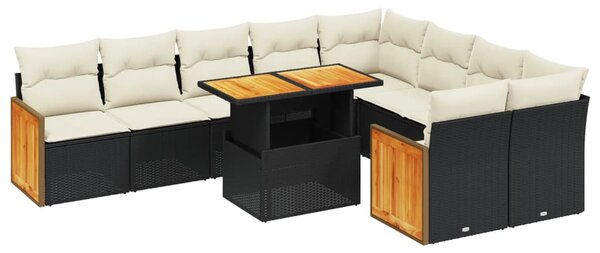 10 részes fekete polyrattan kerti ülőgarnitúra párnákkal
