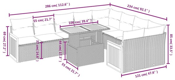 10 részes fekete polyrattan kerti ülőgarnitúra párnákkal