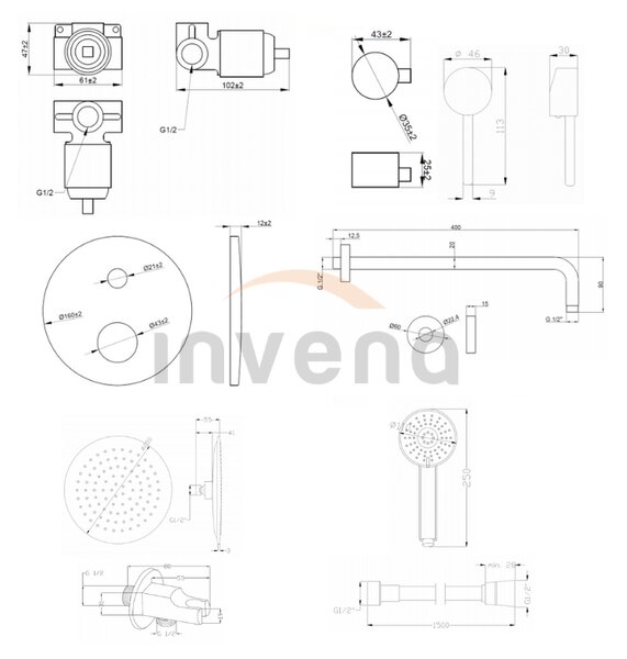 Invena Dafni, rejtett zuhanygarnitúra kézi és fejzuhannyal 25 cm, fekete matt, INV-BS-88-014-A