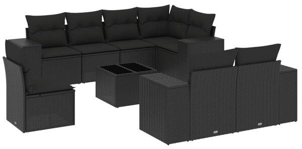 9 részes fekete polyrattan kerti ülőgarnitúra párnákkal