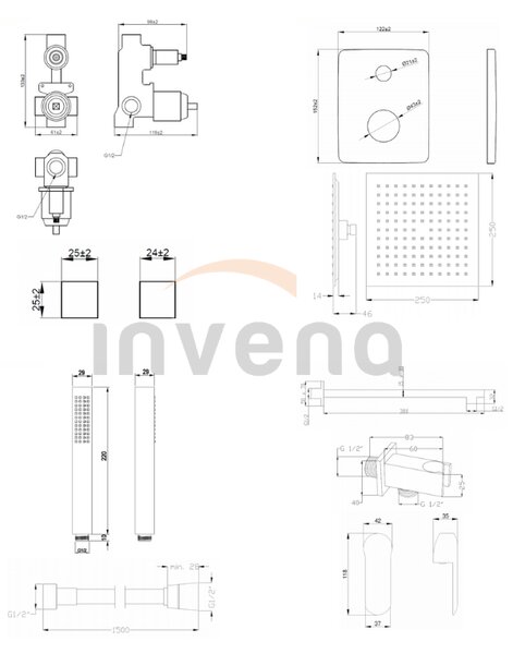 Invena Siros, rejtett zuhanygarnitúra 2 kivezetéses testtel, fekete matt, INV-BS-90-010-A