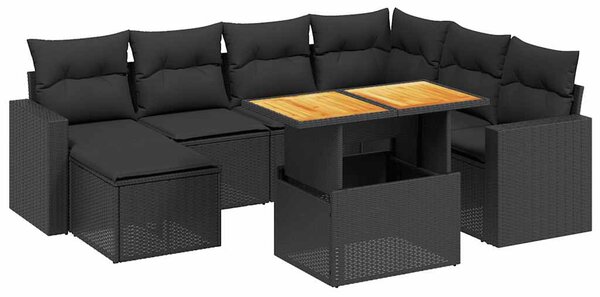 8 részes fekete polyrattan kerti ülőgarnitúra párnákkal