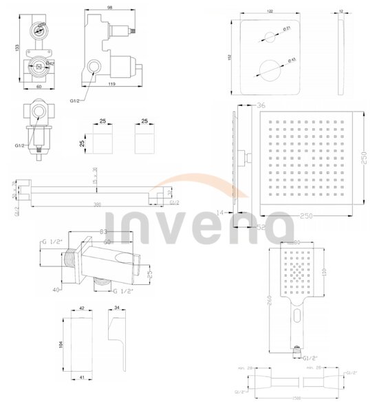 Invena Nyks, rejtett zuhanygarnitúra 2 kivezetéses testtel, fényes króm, INV-BS-28-0K2-A