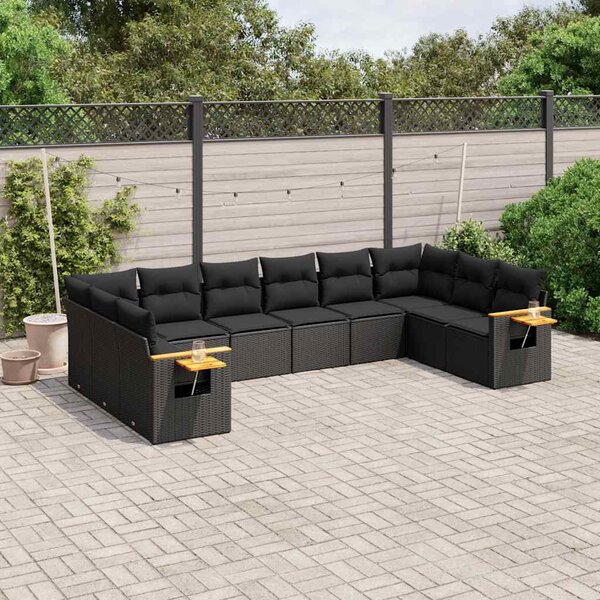 10 részes fekete polyrattan kerti ülőgarnitúra párnákkal